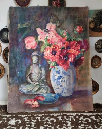Oud aquarel met buddha bloemen vogel  beschikbaar voor biedingen