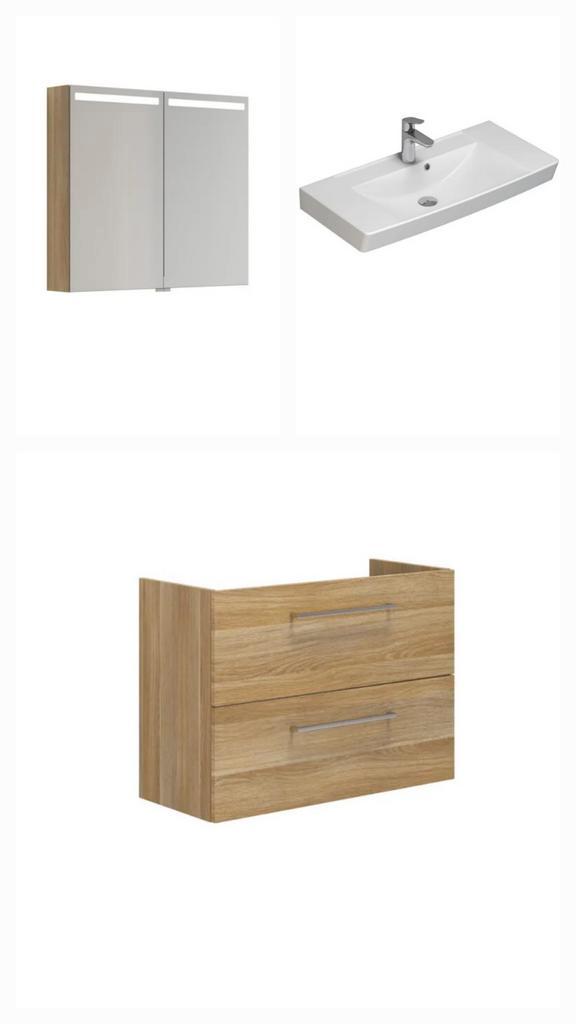 Nieuw badmeubel Mido compact met spiegelkast 80 cm warm eik, Huis en Inrichting, Badkamer | Badkamermeubels, Nieuw, Wastafelkast