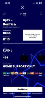Kostprijs: 1 ticket Ajax – Benfica – Vak 424 boven de F-Side, Tickets en Kaartjes, Overige typen, Eén persoon, November, Europa of Champions League