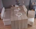 3x strak witte leder stoel + strakke wit lederen eetbank, Huis en Inrichting, Stoelen, Drie, Metaal, Wit, Zo goed als nieuw