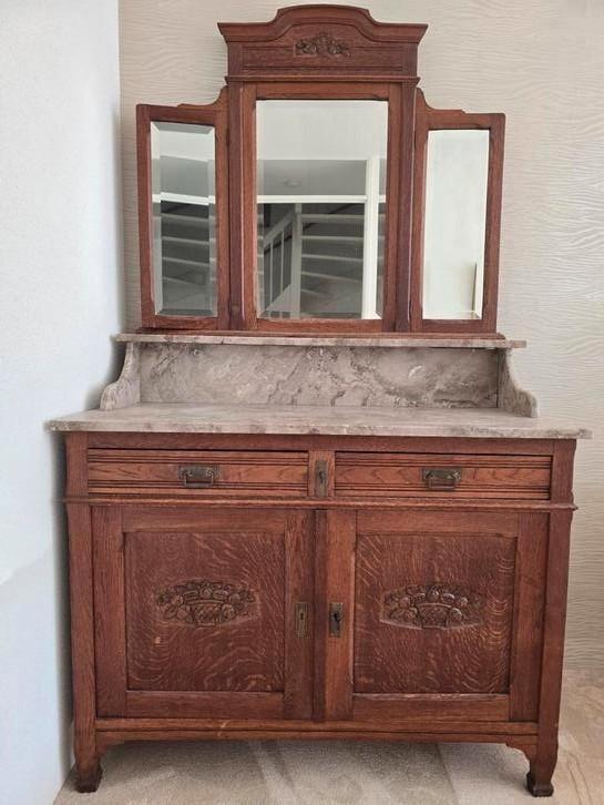 BIEDEN: 1 Kaptafel* Marmerblad, 2 Spiegelkasten,1bedombouw, Antiek en Kunst, Antiek | Spiegels, 100 tot 150 cm, 150 tot 200 cm