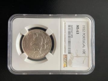 Ngc portugal 10 escudo 1932 ms63 zeldzaam zilver slab beschikbaar voor biedingen