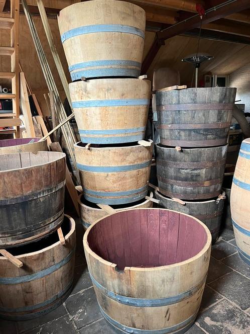 Bloembak hout half wijnvat palmboom terras vijgenboom, Tuin en Terras, Bloembakken en Plantenbakken, Nieuw, Hout, Binnen, Balkon