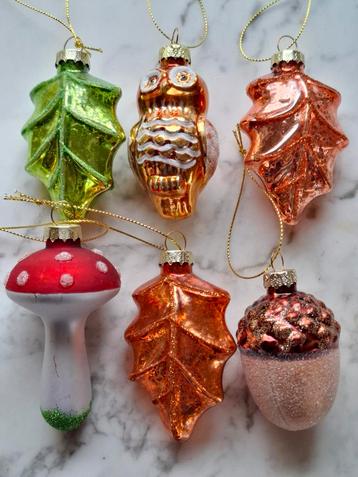 Vintage stijl glazen kerstballen paddenstoel uil eikel blad beschikbaar voor biedingen