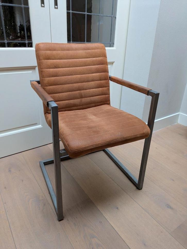 6x cognackleur eetkamerstoelen + steigerhout tafel 250, Huis en Inrichting, Stoelen, Gebruikt, Vijf, Zes of meer stoelen, Metaal