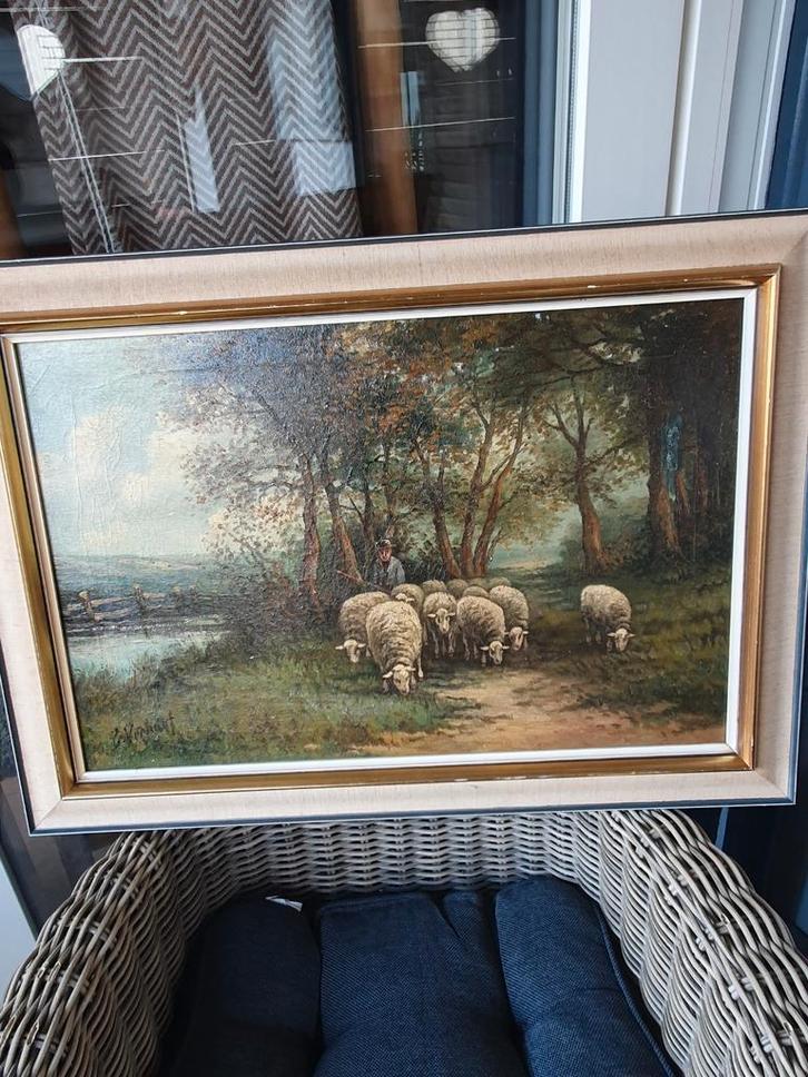 Schilderij met schapen en herder, Antiek en Kunst, Kunst | Schilderijen | Klassiek, Ophalen of Verzenden