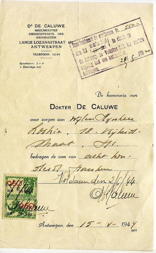 Oude rekening van Doctor De Caluwe -800 B.Fr.-1944 tax-zegel, Verzamelen, Overige Verzamelen, Gebruikt, Verzenden
