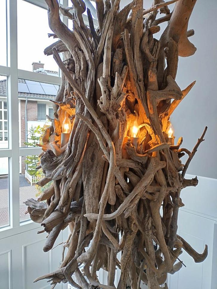 Landelijke hanglamp drijfhout, Huis en Inrichting, Lampen | Hanglampen, Gebruikt, 75 cm of meer, Hout, Ophalen