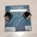 Vintage Trifari goud tone oorbellen met zirkonia, Sieraden, Tassen en Uiterlijk, Met kristal, Verzenden, Zwart, Knopjes of Stekers