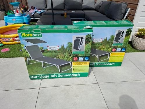 2x Florabest Tuin ligstoel + Zonnedak - 1 nieuw, 1zgan, Tuin en Terras, Ligbedden, Zo goed als nieuw, Aluminium, Inklapbaar, Verstelbaar