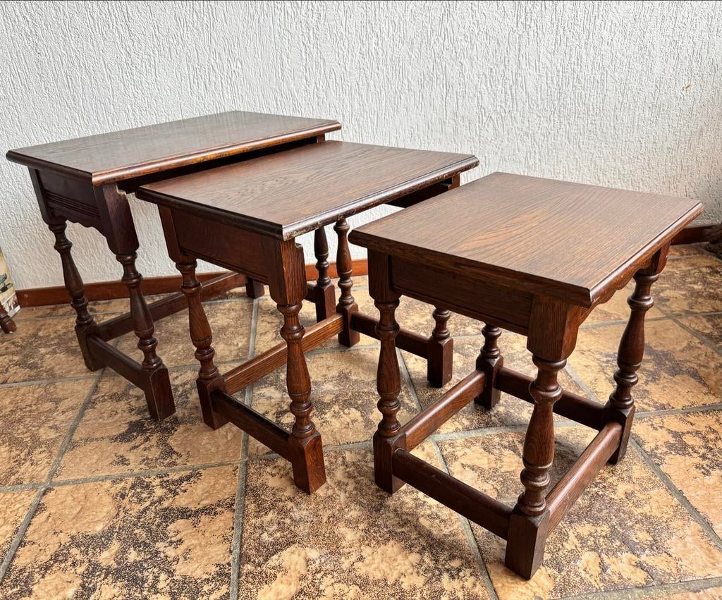 Set van 3 houten bijzettafels, Huis en Inrichting, Tafels | Bijzettafels, Minder dan 55 cm, Gebruikt, Engels, Rechthoekig