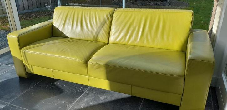Leren 3-zitsbank in limegroen, Huis en Inrichting, Banken | Bankstellen, Gebruikt, Rechte bank, Driepersoons, 150 tot 200 cm, 75 tot 100 cm