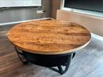 Industriële ronde salontafel – massief hout & metaal (90 cm), Ophalen, 50 tot 100 cm, Rond, Zo goed als nieuw