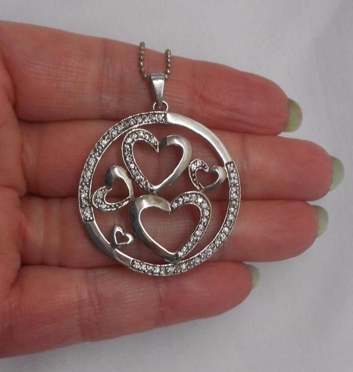 Zilveren ketting met grote hanger met harten nr.1777, Sieraden, Tassen en Uiterlijk, Kettingen, Zo goed als nieuw, Zilver, Zilver