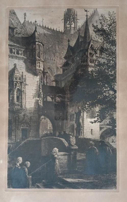 Axel Herman (1835-1921) - Zicht op een Kasteel  1879, Antiek en Kunst, Kunst | Etsen en Gravures, Ophalen of Verzenden