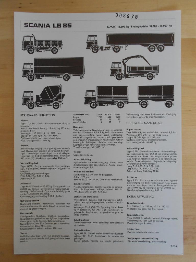 Scania LB 85 Technische Specificatie Folder 1969 LB85 4x2, Ophalen of Verzenden, Zo goed als nieuw, Overige merken, Scania