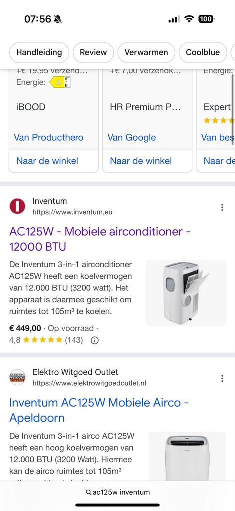 Inventum AC125W Mobiele Airco - 12000 BTU, Witgoed en Apparatuur, Airco's, Gebruikt, Mobiele airco, 100 m³ of groter, 3 snelheden of meer