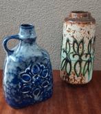 Vintage Strehla blauwe vaas met oor en bruin/groene vaas GDR, Overige materialen, Gebruikt, Overige kleuren, Ophalen of Verzenden