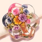 Vintage broche reversed caved lucite bloemen boeket jr '40, Overige materialen, 4 tot 7 cm, Gebruikt, Verzenden