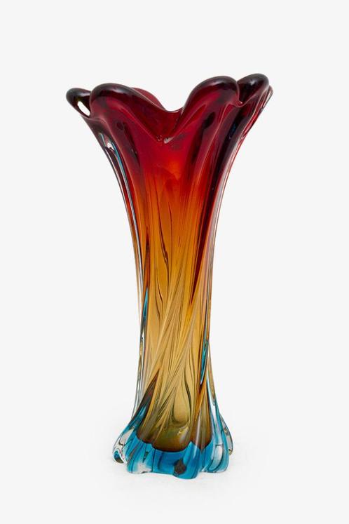 Rode turquoise 60/70s Murano glazen gedraaide vaas, Antiek en Kunst, Antiek | Glas en Kristal, Ophalen of Verzenden