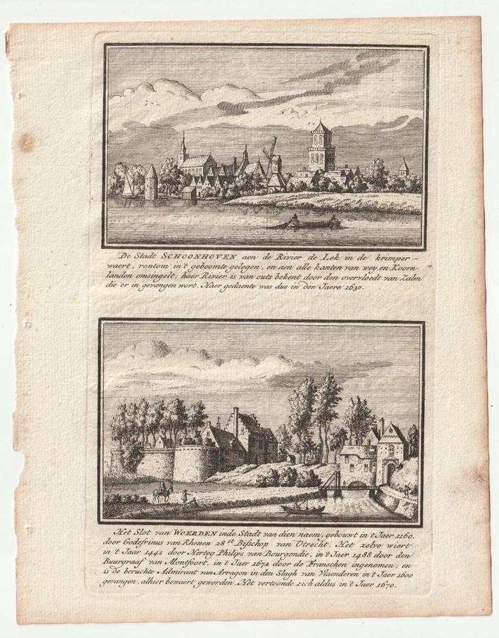 Schoonhoven Woerden oude gravure, Antiek en Kunst, Kunst | Etsen en Gravures, Ophalen of Verzenden