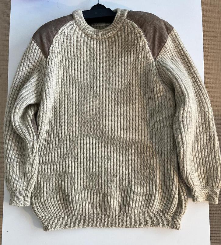 Wollen herderstrui met suede schouder- en elleboogstukken, Kleding | Heren, Truien en Vesten, Gedragen, Maat 56/58 (XL), Wit, Ophalen of Verzenden