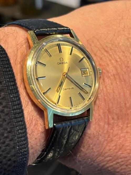 Omega Geneve Handopwinding Goldplate 34mm datum, Sieraden, Tassen en Uiterlijk, Horloges | Heren, Zo goed als nieuw, Polshorloge