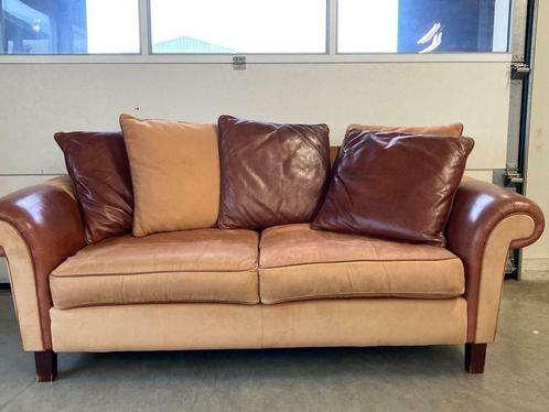 Engelse 2,5-zits bank in een combinatie van stof en leer, Huis en Inrichting, Fauteuils, Gebruikt, Leer, Stof, 125 cm of meer