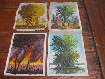 4 Afrikaanse schilderijtjes op linnen, gesigneerd beschikbaar voor biedingen