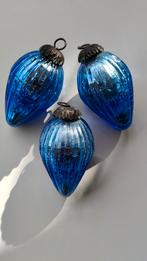 3 glazen kerst eikels ornamenten heksenbal zilver blauw glas, Diversen, Kerst, Ophalen of Verzenden, Zo goed als nieuw