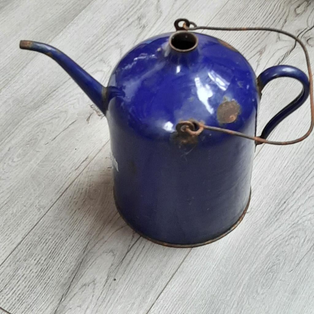oude petroleum kan 5 liter, blauw met witte letters, Antiek en Kunst, Ophalen