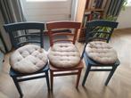 6 houten stoelen blauw & terra, Huis en Inrichting, Stoelen, Vijf, Zes of meer stoelen, Blauw, Zo goed als nieuw, Hout