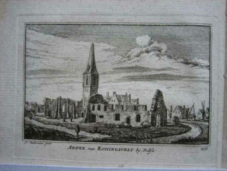 117 / Delft Abdij van Koningsveld Kopergravure 18e Eeuw, Antiek en Kunst, Kunst | Etsen en Gravures, Ophalen of Verzenden