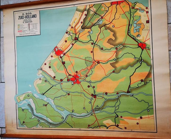Wandkaarten Schoolplaten zuid holland R. bos 1931 Den haag, Antiek en Kunst, Antiek | Schoolplaten, Aardrijkskunde, Ophalen of Verzenden