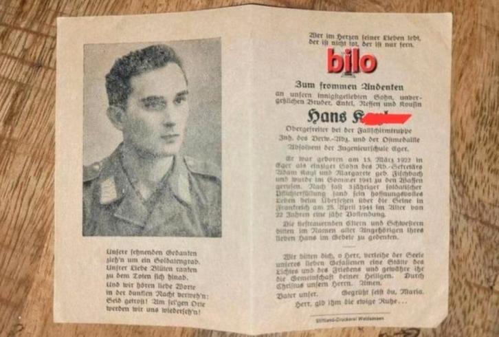 Sterbebild Fallschirmjäger WW2 Thomery Frankrijk '44- Tiger, Verzamelen, Bidprentjes en Rouwkaarten, Ophalen of Verzenden