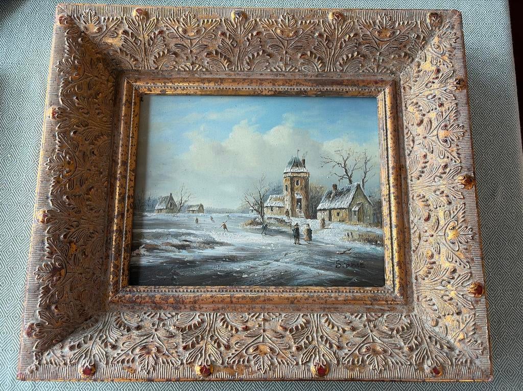 Oud Hollands landschap met schaatsers, S. Bowe, Ophalen of Verzenden