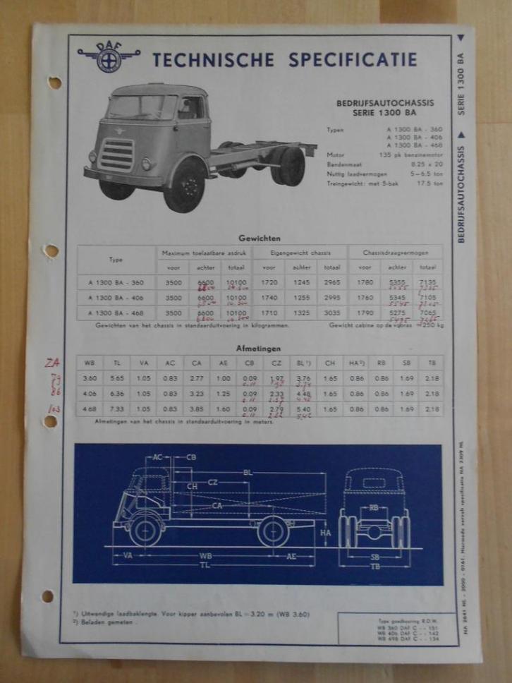 DAF 1300 BA Technische Specificatie folder 1961 Kikker 1300B, Boeken, Auto's | Folders en Tijdschriften, Zo goed als nieuw, Overige merken