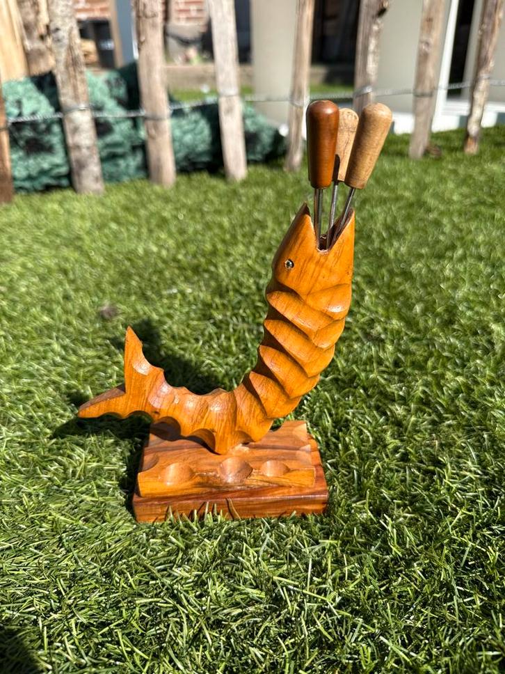 Houten Vis Amuse Vork Houder met 4 Vorkjes Vintage Keukenacc, Antiek en Kunst, Antiek | Keukenbenodigdheden, Ophalen of Verzenden
