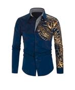 Nieuw donkerblauw heren overhemd met print maat M., Kleding | Heren, Overhemden, Ophalen of Verzenden, Nieuw, Blauw, Halswijdte 39/40 (M)