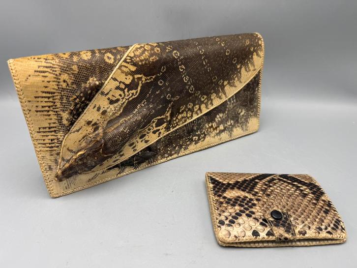 Jaren 50 Vintage varaanleren clutch + portemonnee, Sieraden, Tassen en Uiterlijk, Portemonnees, Gebruikt, Overige merken, Beige