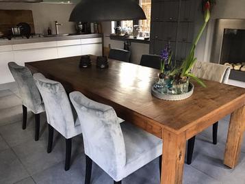 Zes eetkamerstoelen,velvet ijsblauw/grijs,zwart houten poten beschikbaar voor biedingen
