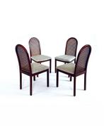 Set van 4 vintage webbing eetkamerstoelen ‘70, Huis en Inrichting, Stoelen, Gebruikt, Bruin, Riet of Rotan, Ophalen of Verzenden