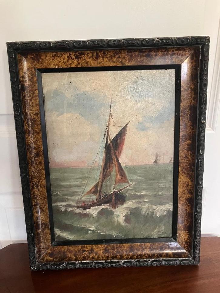 Antiek schilderij zeilschip op woeste zee, Antiek en Kunst, Kunst | Schilderijen | Klassiek, Ophalen of Verzenden