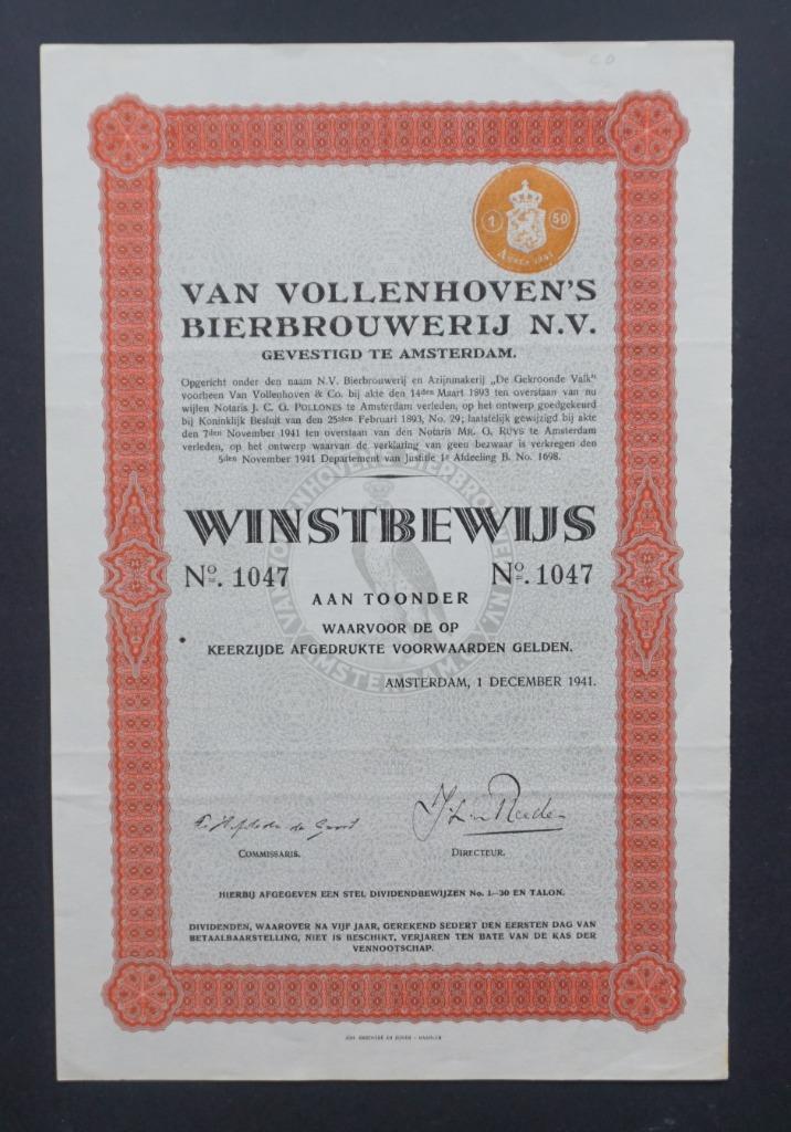 Van Vollenhoven's Bierbrouwerij - 1941, Postzegels en Munten, Aandelen en Waardepapieren, Overige typen, 1920 tot 1950, Verzenden