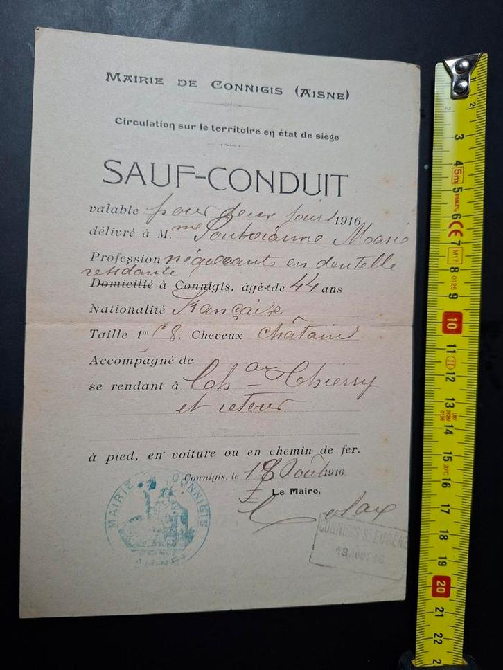 Sauf Conduit / vrijgeleide gemeente Connigis WOI Aisne wo1, Verzamelen, Tijdschriften, Kranten en Knipsels, Tijdschrift, Voor 1920