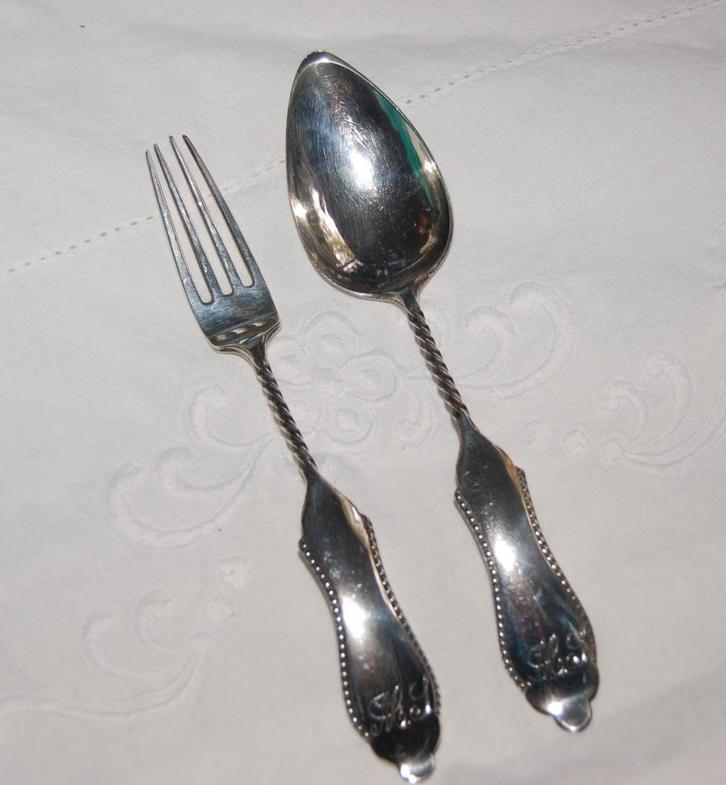 Zilveren HS monogram bestek Uriot 1905, Antiek en Kunst, Antiek | Goud en Zilver, Zilver, Ophalen of Verzenden