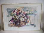 Bloemen, Blauw in Gouden Lijst - 71 x 51 cm - zgan, 50 tot 75 cm, Ophalen of Verzenden, 50 tot 75 cm, Print
