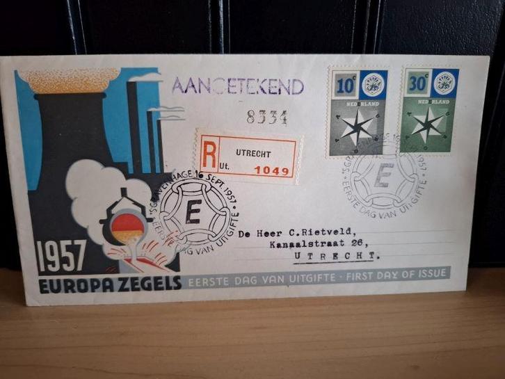 Nederland 1957, FDC E32, beschreven,open klep, catwrde 18,20, Postzegels en Munten, Postzegels | Eerstedagenveloppen, Beschreven