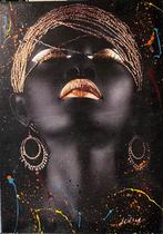 Afrikaanse vrouw- Katoenen canvasdoek- Mixed Media, Ophalen of Verzenden, Nieuw, 50 tot 75 cm, Schilderij