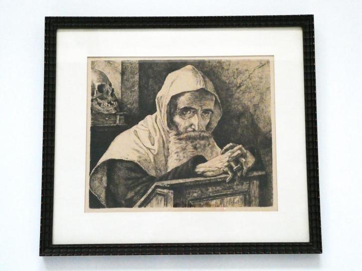 Biddende Kluizenaar met schedel van Willem Geets gesigneerd, Antiek en Kunst, Kunst | Etsen en Gravures, Ophalen of Verzenden